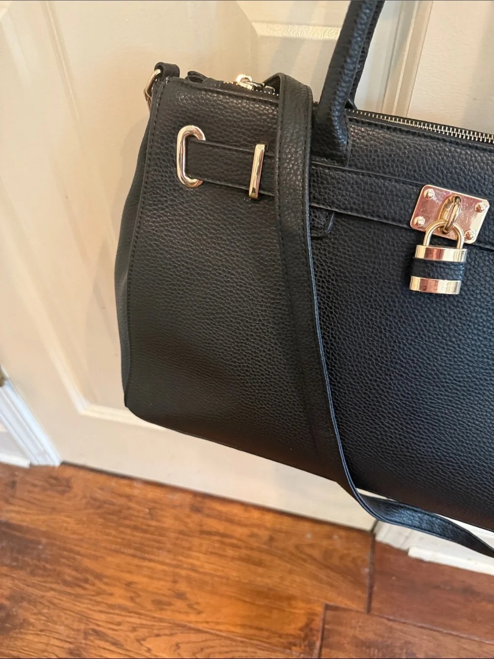 Black Satchel Handbag with Gold Padlock Accent